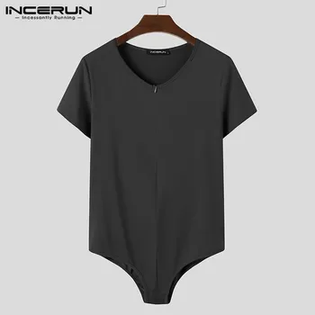 

INCERUN Men Short Sleeve V Neck T Shirts Leisure Solid Color Bodysuit Sexy Zipper Fitness Tops Man Rompers Tee Streetwear S-5XL