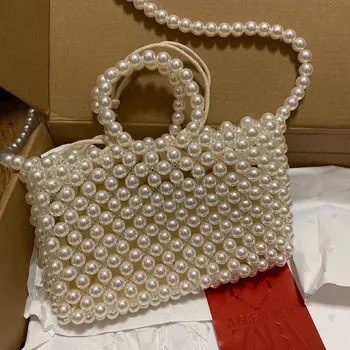 

ZA pearl bracelet bag fashion portable straw woven bag Beaded shoulder bag crossbody bag