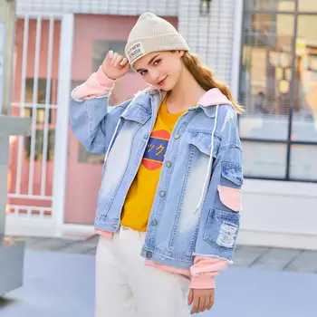 

Autumn Hooded Denim Jacket For Women Casual BF Jeans Jacket Holes Vintage Harajuku Coat Female loose Streetwear Basic Coats