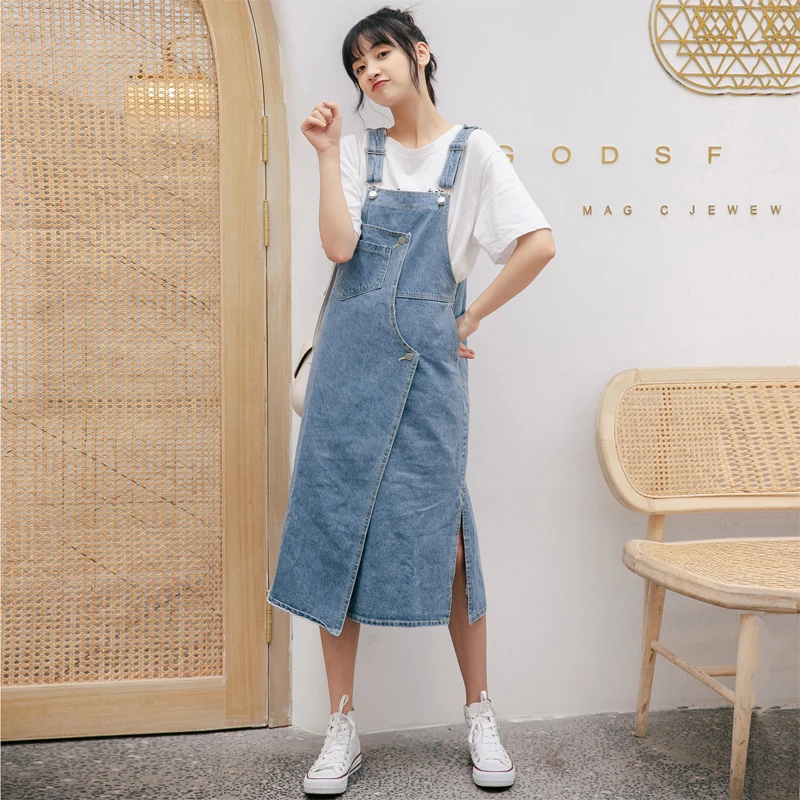 

Women Clothing Dropshipping Koreans Style Pockets Split Jeans Jumpsuit Skirt Summer Casual Slim Patchwork Suspender Skirt Femme