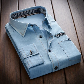 

men jeans shirt Pure Cotton Regular Fit Long Sleeve Fashion mens Dress shirts Denim Casual Double Pocket
