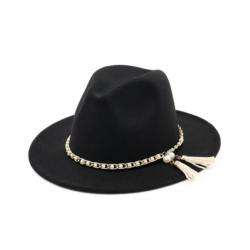 Autumn And Winter Solid color pearl brimmed hat Travel cap Fedoras jazz hat Panama hats for women and girl 54