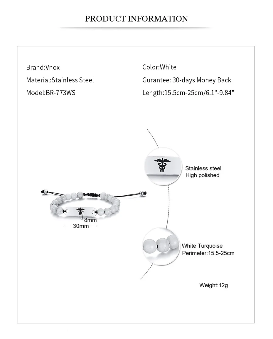 Vnox, гравировка, медицинский алерт, ID браслеты для женщин и мужчин, нержавеющая сталь, бар с белыми бусинами, ручной работы, унисекс, веревочный браслет