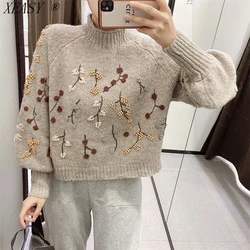 Women's Vintage Korean Long Sleeve Pullover Chic Flowers Beaded Fashion Harajuku Knitted Sweater Keeps Warm Autumn and Winter