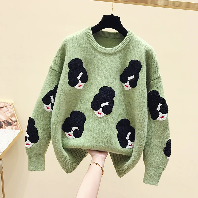 light green pullover Pull Femme,, зима-осень, большой размер, вязаный свитер для женщин, рукав-фонарик, вышивка, рисунок из мультфильма, плотные пуловеры, джемпер - Цвет: light green pullover