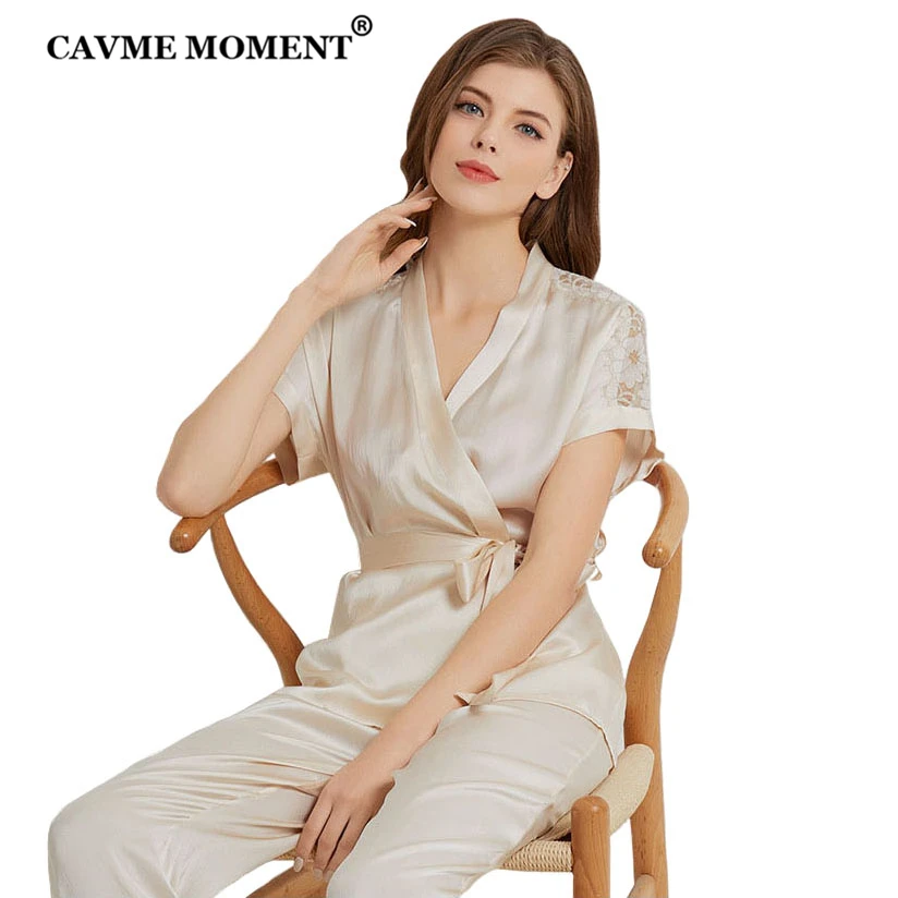 Cavme Elegante Kant Echte Zijde Pyjama Sets Voor Vrouwen Dames Luxe Nachtkleding 2 Stuks V-hals Nachtkleding Ivy Effen Kleur Cavme Elegante Kant Echte Zijde Pyjama Sets Voor Vrouwen Dames Luxe Nachtkleding 2 Stuks V-hals Nachtkleding Ivy Effen Kleur