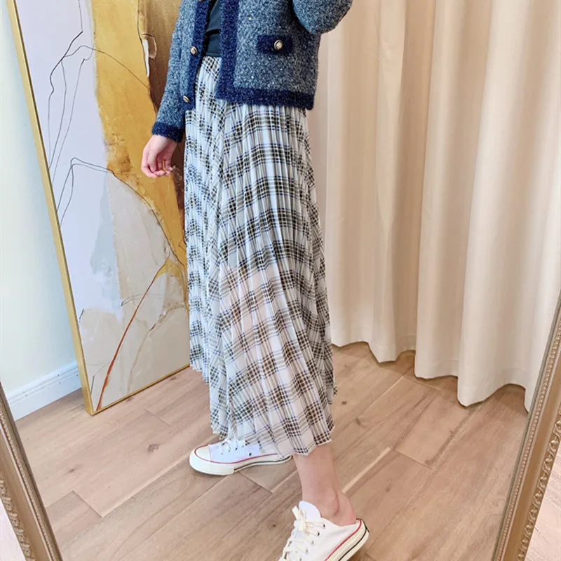 Весна Осень плиссированная клетчатая Женская юбка эластичная высокая талия женские длинные юбки