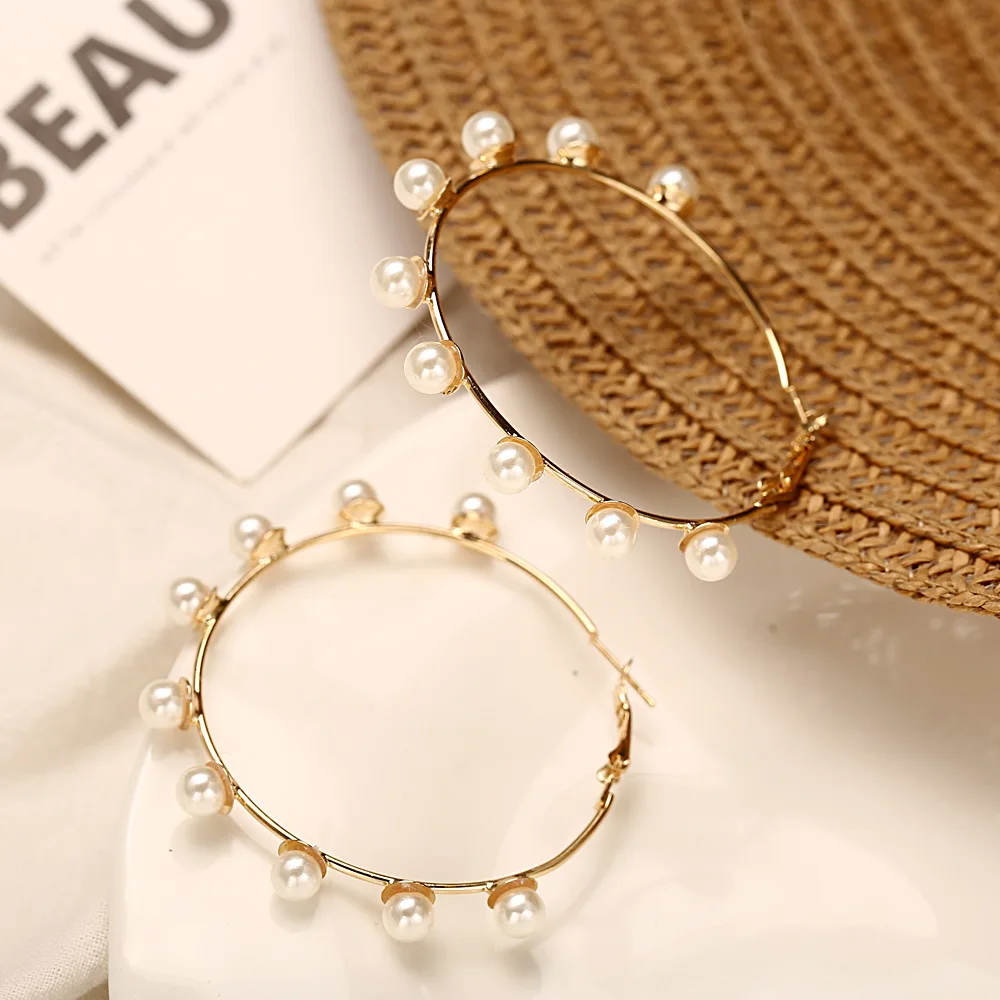 Модные большие металлические серьги-кольца, золотые геометрические серьги с имитацией жемчуга, круглые большие серьги для женщин, вечерние ювелирные изделия N75