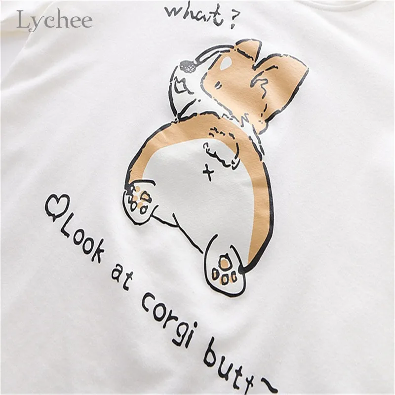 Lychee Harajuku, женская футболка с рисунком собаки из мультфильма и надписью, женские топы на шнуровке с вырезом лодочкой, пуловеры, повседневные хлопковые летние женские футболки, футболки