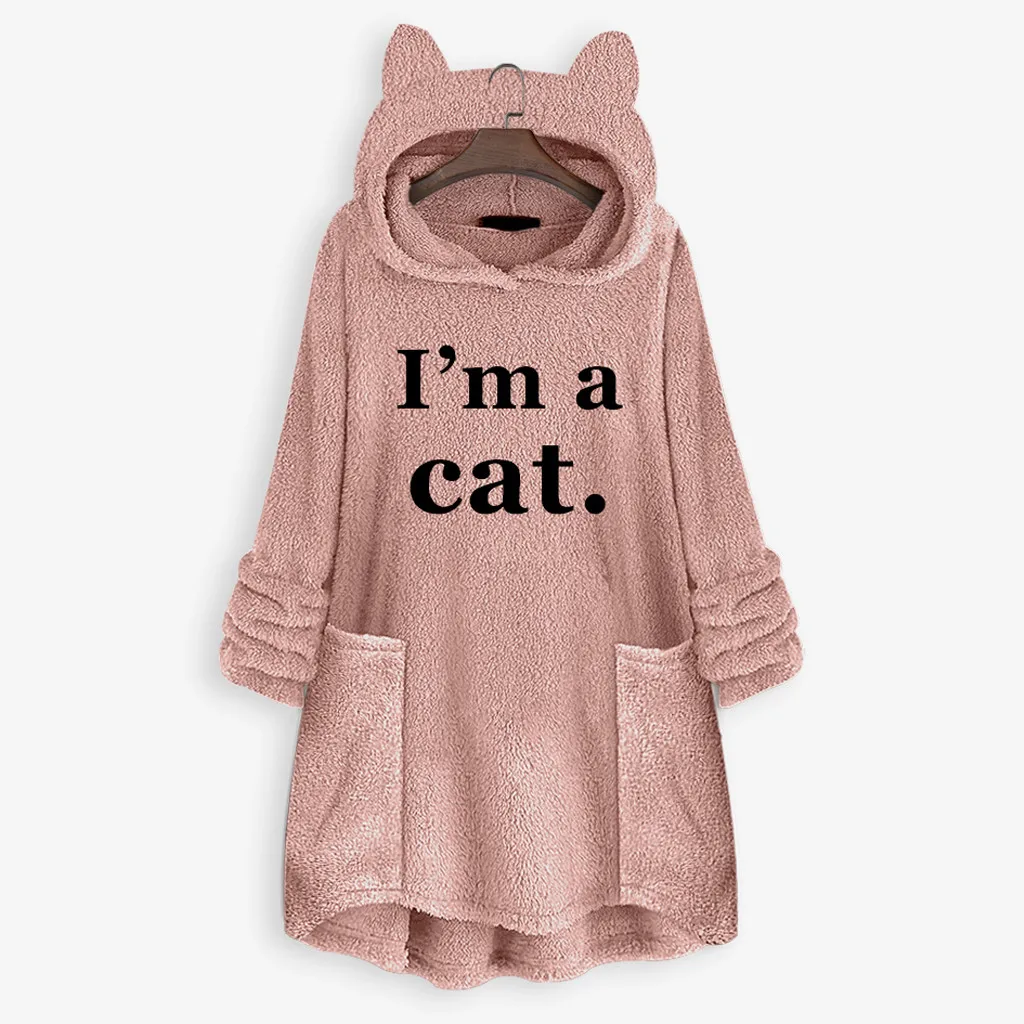 Kawaii/Толстовка уличная одежда с кошачьими ушками; зимняя толстовка с капюшоном; женские флисовые куртки с карманами; плюшевое пальто с надписью «I Am A Cat»