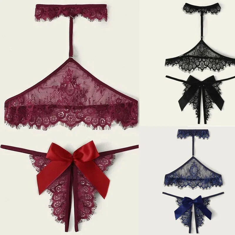 

Sexy Women Charm Lingerie Set Lace Dress Two Piece Floral Halter Bowknot Panties G-string Babydoll Sleepwear Underwear Sleepwear