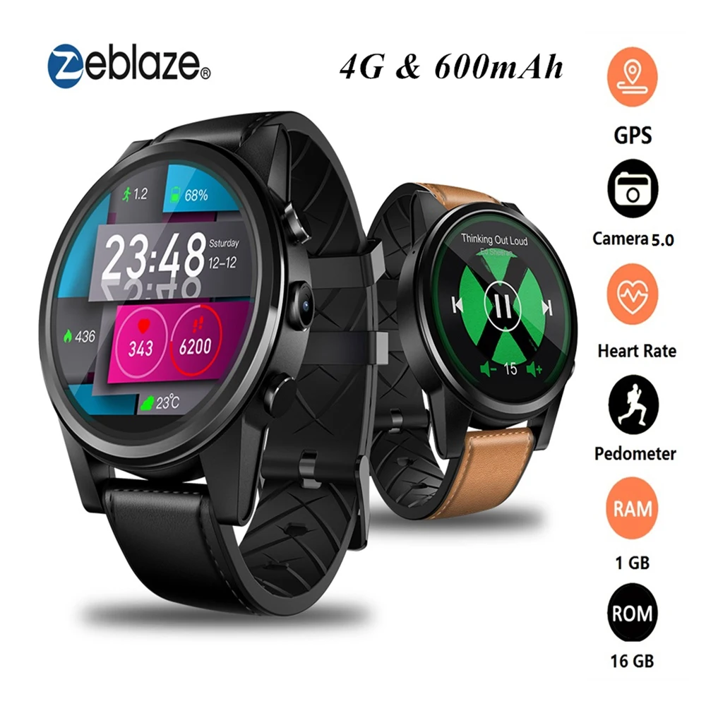 Zeblaze THOR 4 PRO 4G Smart Watch 1.6 inch LTPS Crystal Display GPS Quad Core 16GB 600mAh Hybrid Leather SmartWatch with Camera