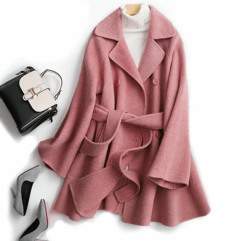 

100% Wool factory outlet wine red double-sided cashmere coat female version with little Han Kuo thickening belt loose high-end