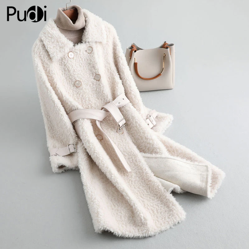 Женское меховое пальто PUDI A19057 из натуральной шерсти с кожаным ремнем парка