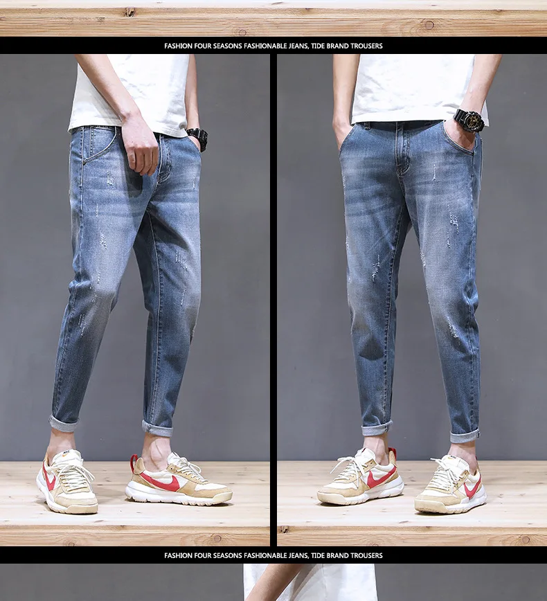 Модные мужские повседневные зауженные джинсы с карманами; джинсовые брюки до щиколотки; однотонные джинсы; Homme; большие размеры