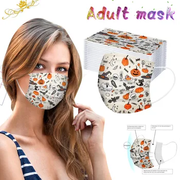 

50pcs Disposable Face Mask 3 Layers Filter Anti Dust Smog Earloop Breathable Gauze Mask Halloween Print Adult Mouth Masks