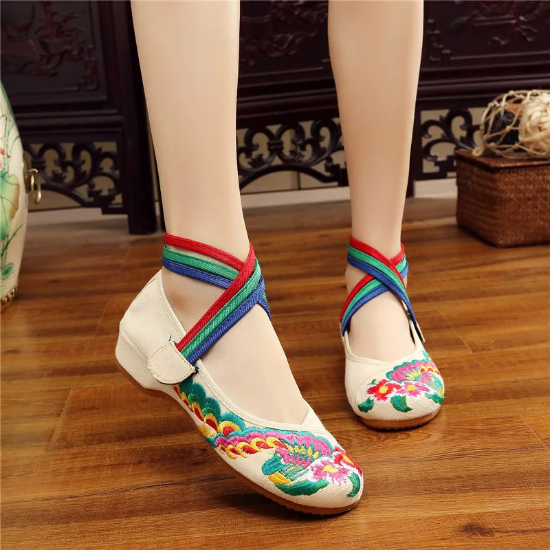 

Women Flats Shoes Old Peking Chinese Peacock Embroidery Comfortable Soft Canvas Ballerina Shoes Cross-tied Zapatos Mujer