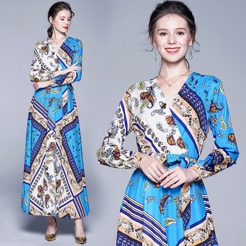 

Banulin Fashion Designer Runway V-Neck Long Dress 2019 Summer Fall Women Long Sleeve Floral Print Maxi Pleated Dress With Belt