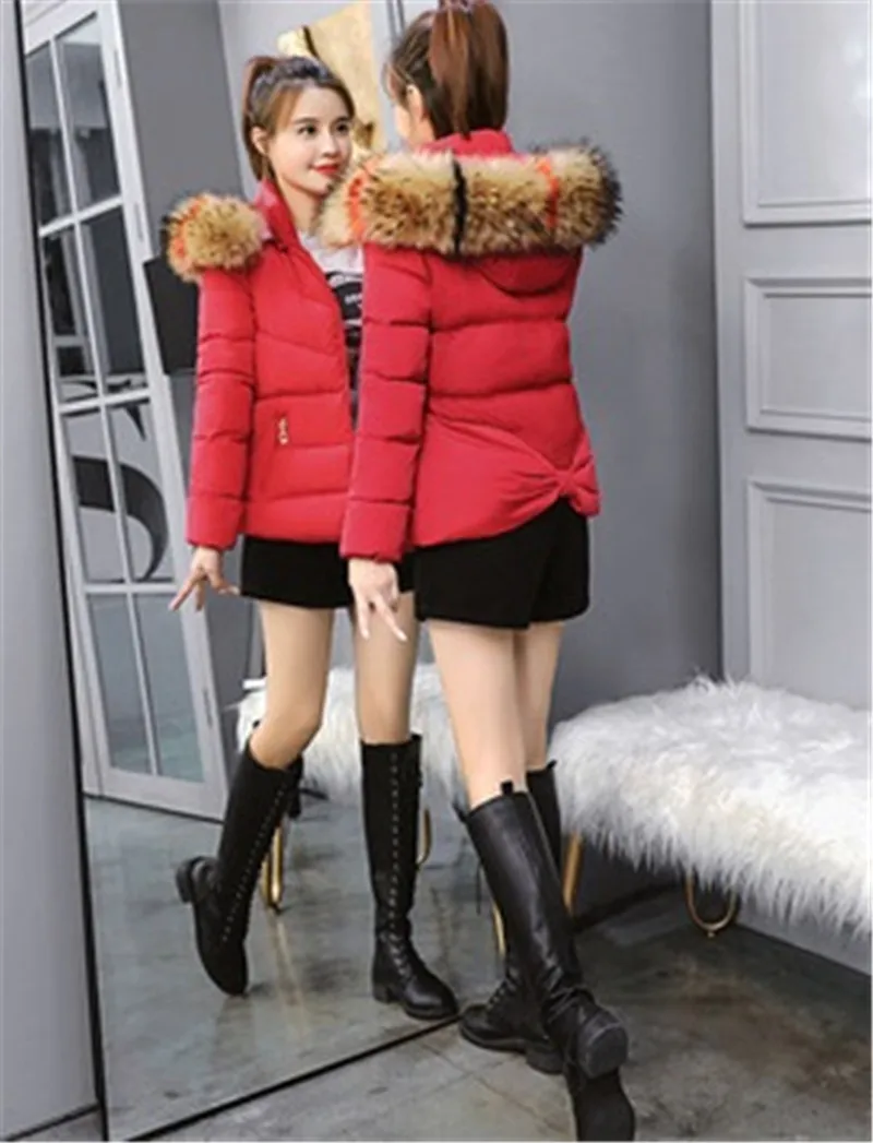 Slim Jacket Women Parkas Winter Fur Collar Coats Hooded Cotton Padded Short Jackets Female Warm Casual Solid Color Overcoat