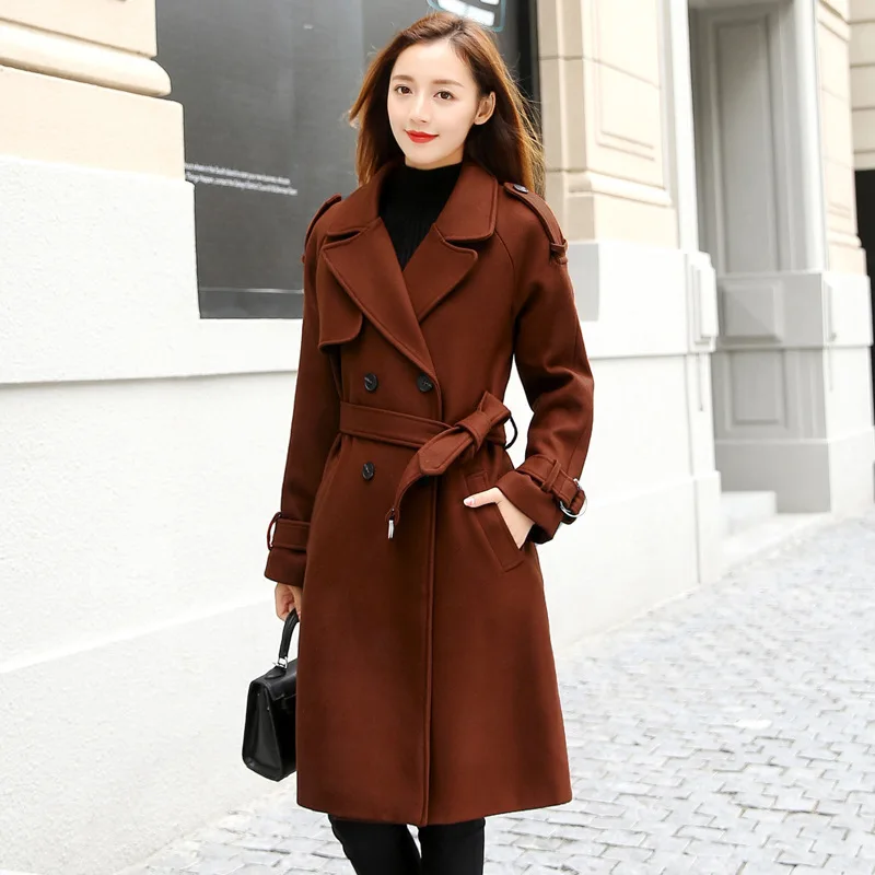 

2018 Autumn & Winter New Style Elegant Slim Fit Waist Hugging Woolen Jacket Women's Mid-length Long Sleeve Woolen Overcoat Trenc