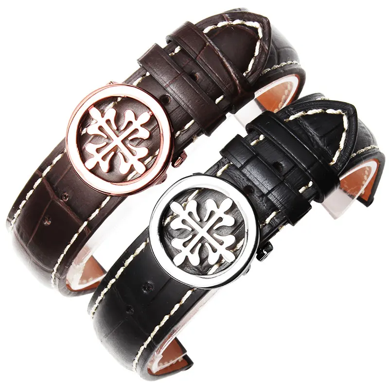 Кожаный браслет подходит для наручных часов patek philpe ремешок из коровьей кожи цепочка для часов, розовое золото Складная Кнопка 19 20 21 22 мм