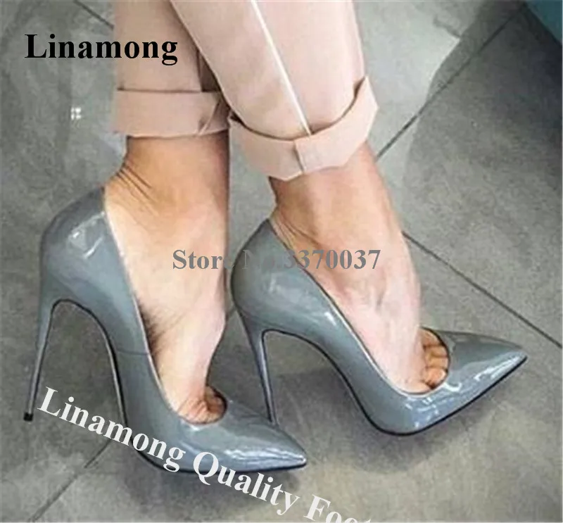 grey patent pumps