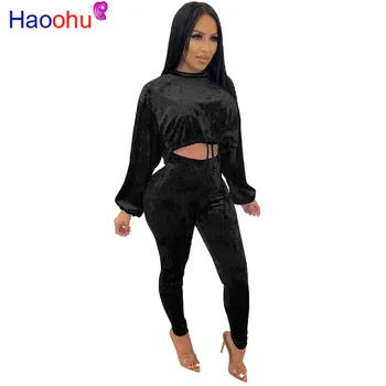 

Winter Women O Neck Full Sleeve Crop Top Pants Solid Color Suit Two Piece Set Casual Fashion Velvet Fitness Outfits