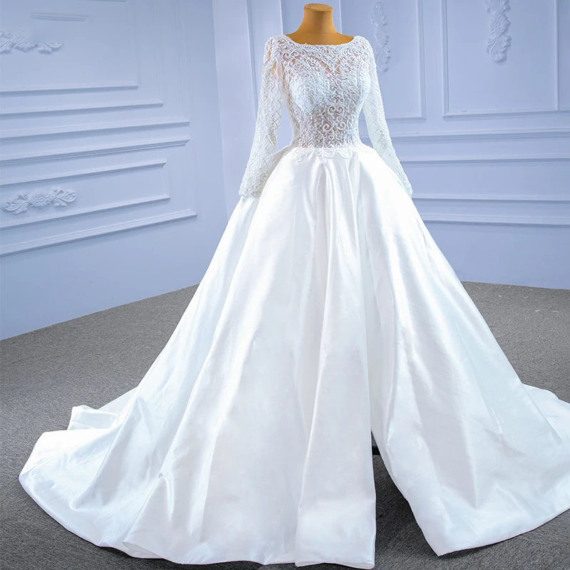 RSM67292 Concise White Hollow-out Wedding Dress New Long Sleeve Smooth Satin Banquet Party Celebration Attendance Dress 3
