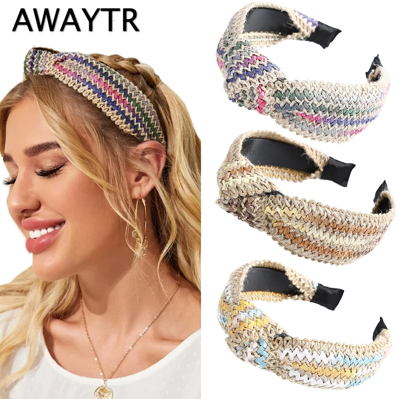 

AWAYTR Weave Hit Color Knot Headbands Women Hairbands Bohemia Handmade Hair Accessories Wide Cross Knot Hair Bands Hoop Bezel