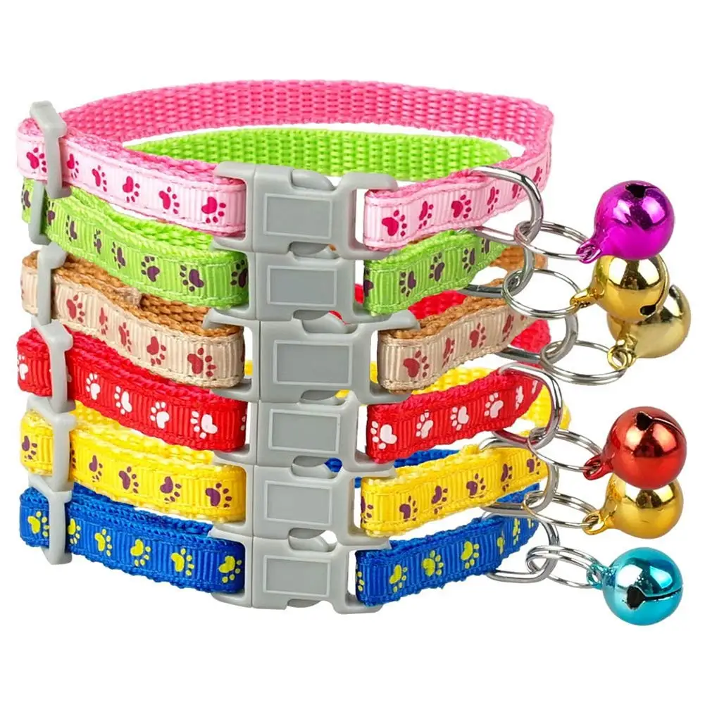 6Pcs Adjustable Pet Collar with Bell Cat Collars Reflective Nylon Strip Star Print Dot Design for Small Puppy Kitty Kitten