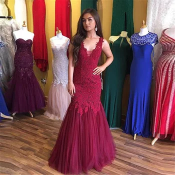

New Burgundy Mermaid Dress Evening Lace Tulle Floor Length Long Formal Dresses Custom Made Women Occasion Gown Cheap