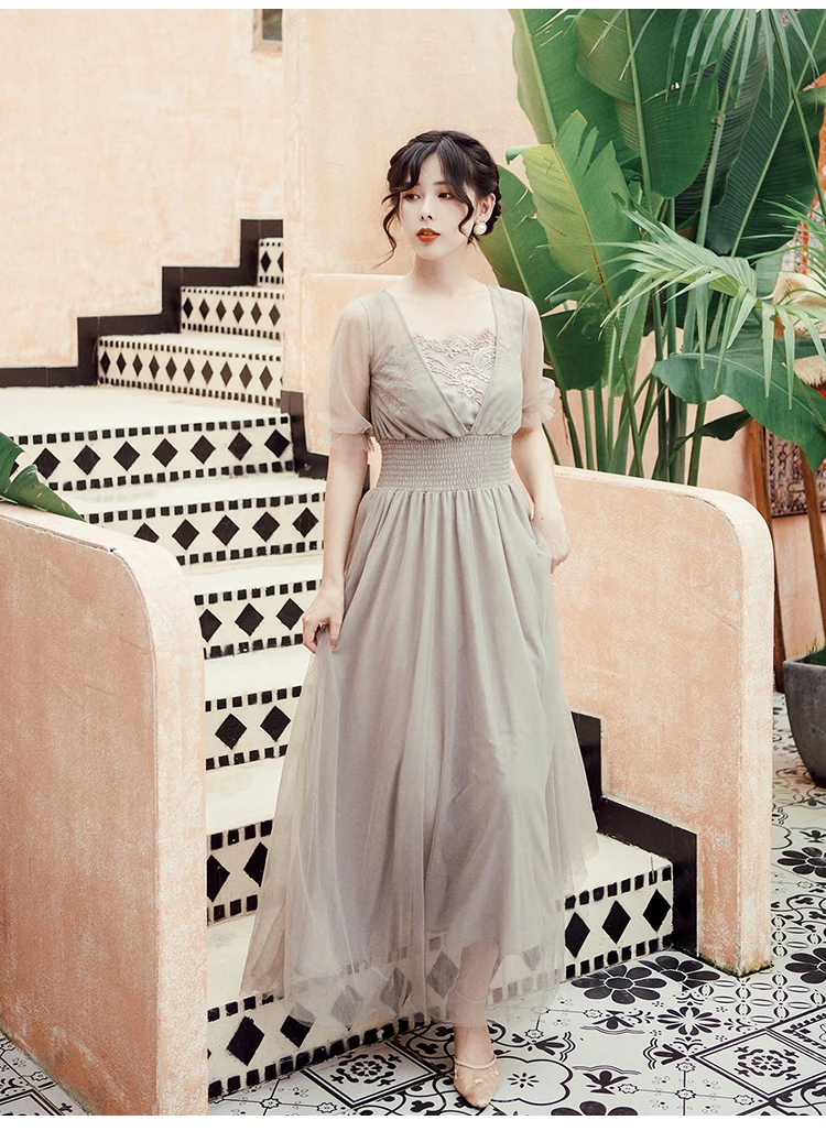 YOSIMI V-Neck Short Sleeve Chiffon Long Women Dress Summer Vintage Maxi Empire Beige Lace Ladies Party Dress Ankle-length