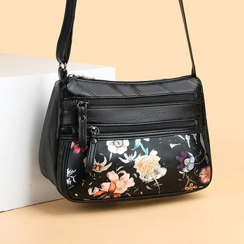 

Leather Shoulder Pouch Big Capacity Mommy Flower Print Comfortable Leisure Chic Fashionable Crossbody Shopping Bag