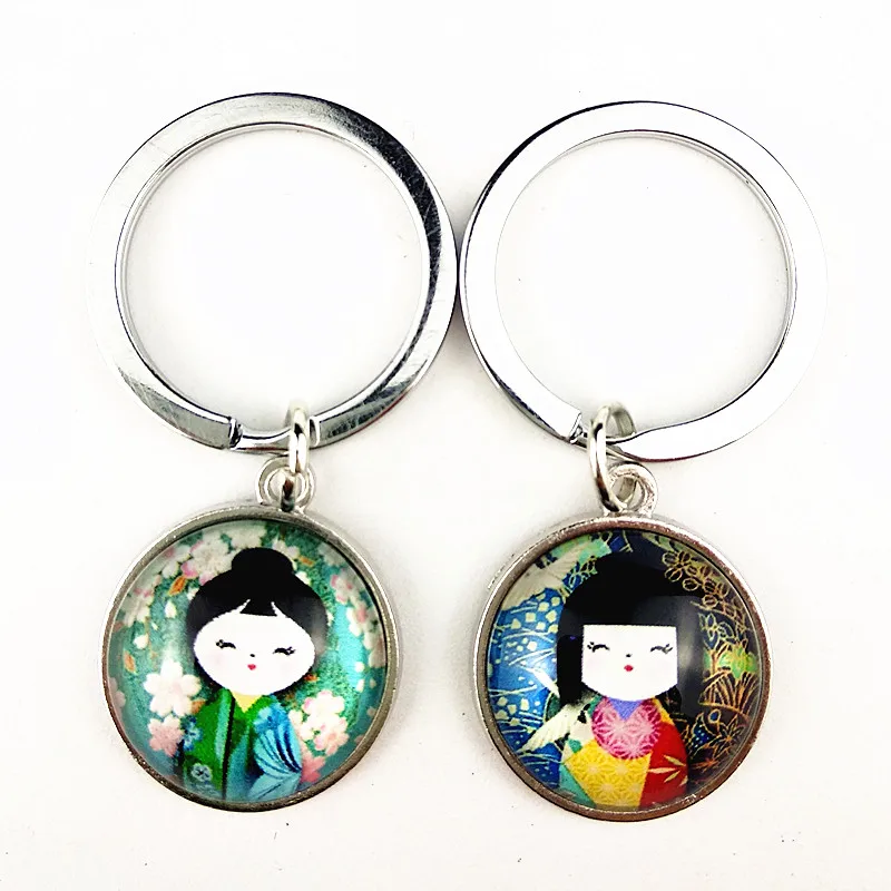 

24pcs (Mixed 12 style) New style Russian Doll Keychain Japan Dolls Image Glass Gems Keyring Holder Pendant Keychains wholesale