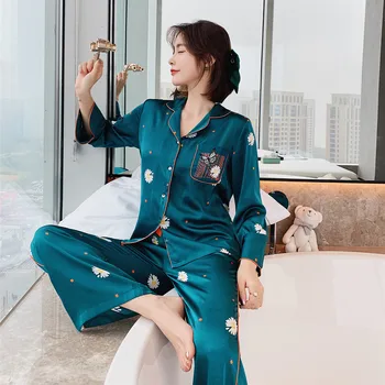 

Green Floral Print Pajamas Set Women Satin 2PCS Sleepwear Long Sleeve Shirt&Pant Female Autumn Pyjamas Suit Casual Sleep Set