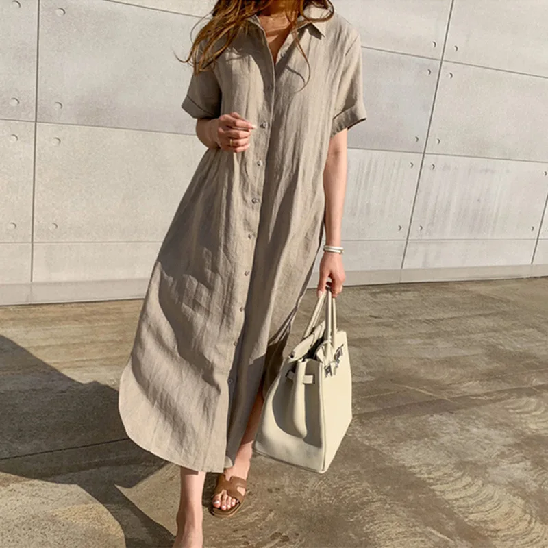 

2019 Summer WOMEN'S Dress New Style Simple Loose-Fit Lace-up Waist Hugging Single Breasted Short Sleeve Linen Shirt Dress