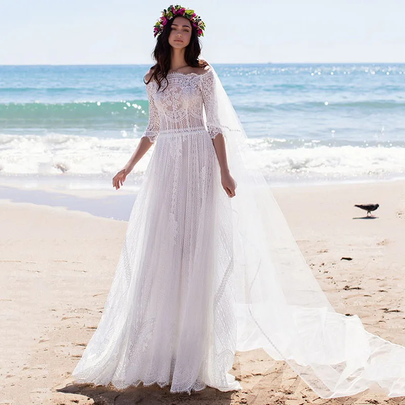 Eightree/свадебное платье с коротким рукавом и вырезом лодочкой es Vestido de noiva винтажное кружевное богемное пляжное свадебное платье Robe de вечерние платья - Цвет: Белый