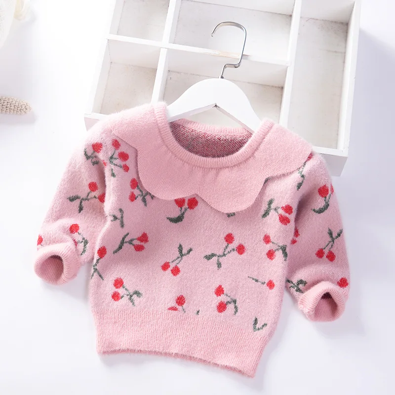 

2019 Autumn And Winter New Products Kids' Sweater Baby Girls Cute Sweet Cherry Crew Neck Pullover Girls Sweater Batch