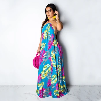

Women Floral Print Halter Neck Sleeveless Open Back Maxi Dress Summer Bohemian Loose Plus Size Dresses Vestidos with Head Scarf