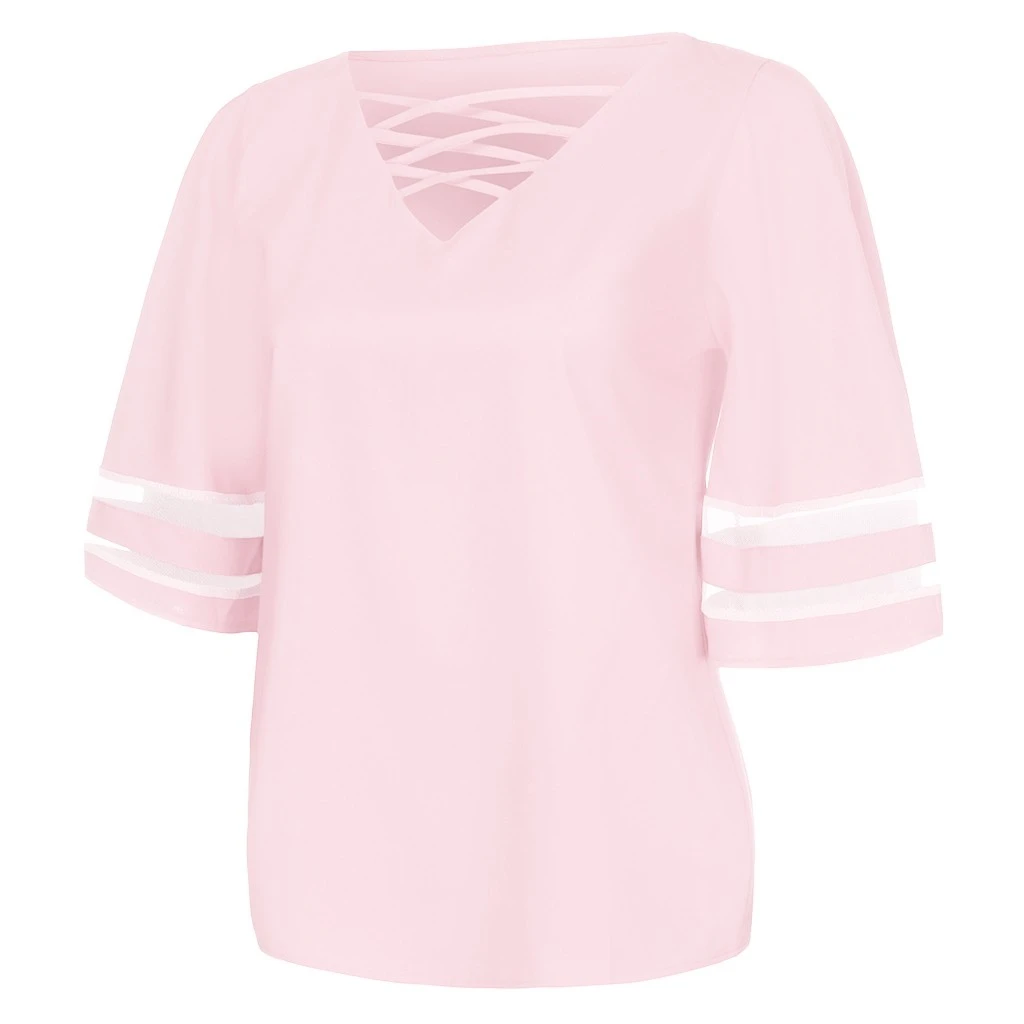 JAYCOSIN Fashion Loose Blouse Female V Neck Mesh Panel Blouses 3/4 Bell Sleeve Casual Loose Blouse Patchwork Ladies Girls 802