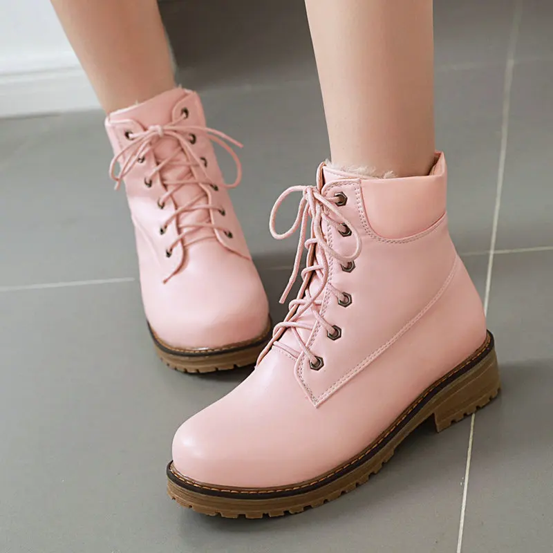 

2019 Winter Plush Ankle Boots Women Boots Comfy Flat Heel Snow Boots Round Toe Lace Up Martin Boots Woman Shoes Black Beige Pink