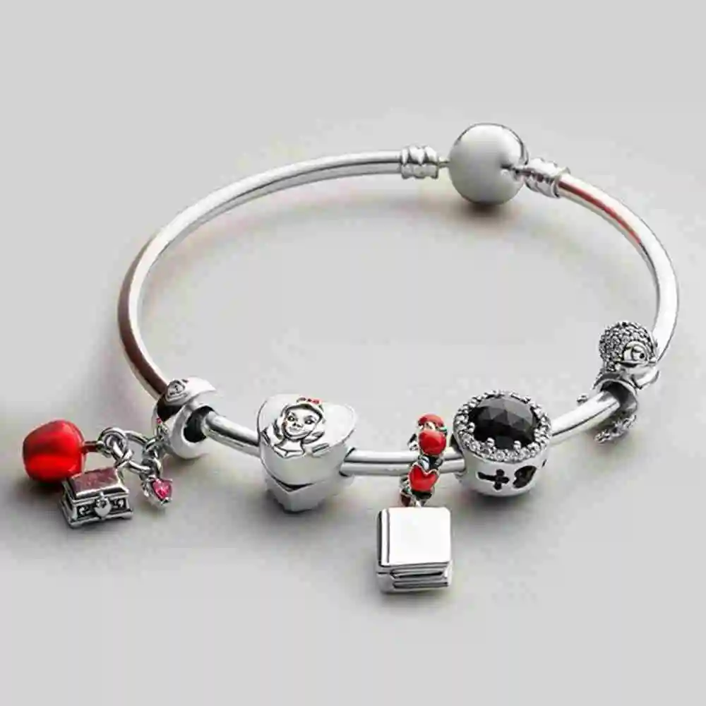 

100% 925 Sterling Silver 797167ENMX BIRD CHARM SNOW WHITE'S APPLE AND HEART HANGING CHARM BOOK HANGING Bracelet