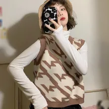 Женские вязаные свитера осень зима свободные v-образным вырезом без рукавов модные свитера шикарные геометрические вязаные жилеты