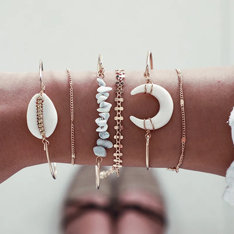 DIEZI 6 шт./компл. в Богемном Стиле Белое Лунная ракушка Браслеты& Bangles, в стиле «хип-хоп» золотой браслет-цепочка для Для женщин камень ювелирные изделия