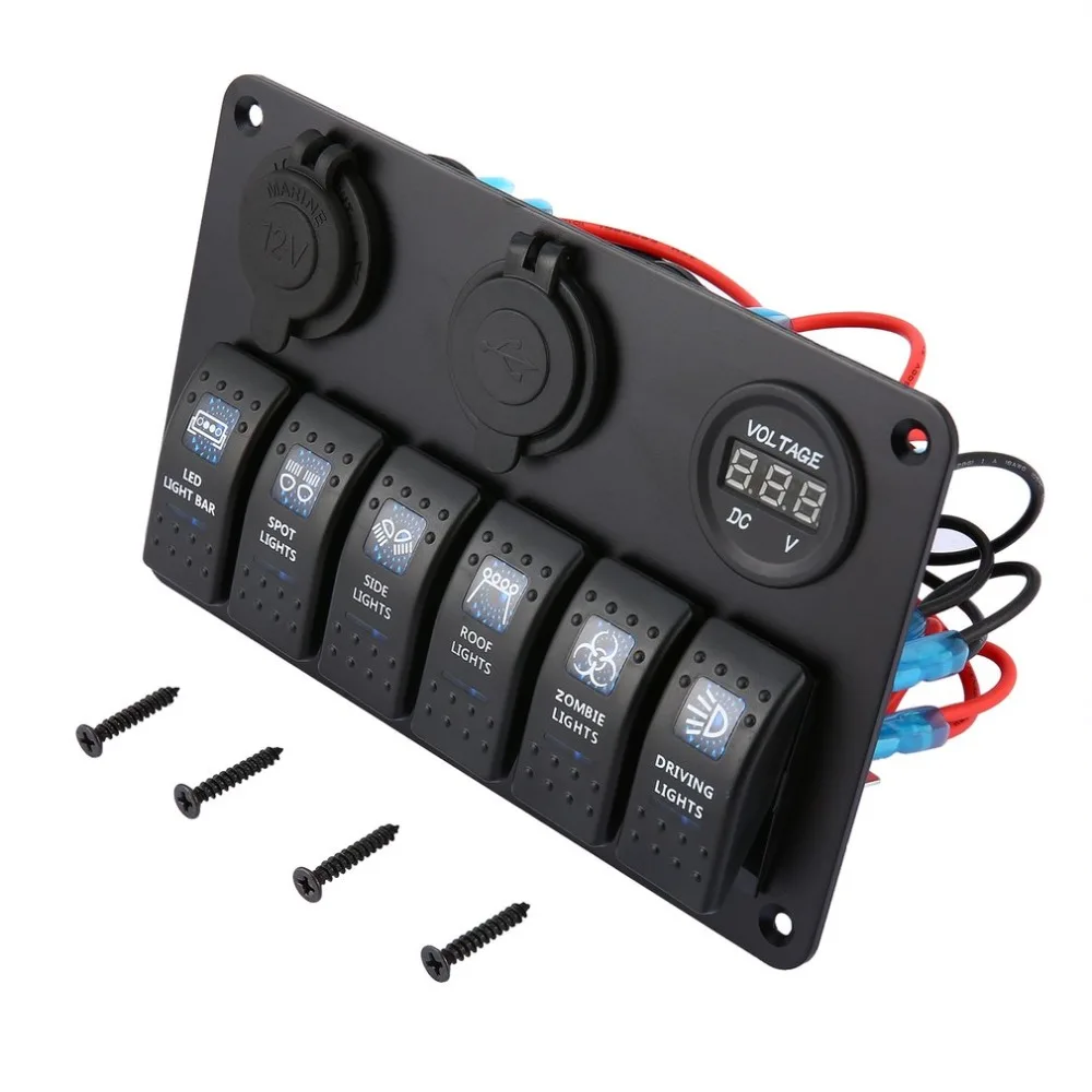 6 Gang Waterproof RV Car Marine Boat Circuit Breaker LED Rocker Switch Panel Dual USB Charger Cigarette Socket