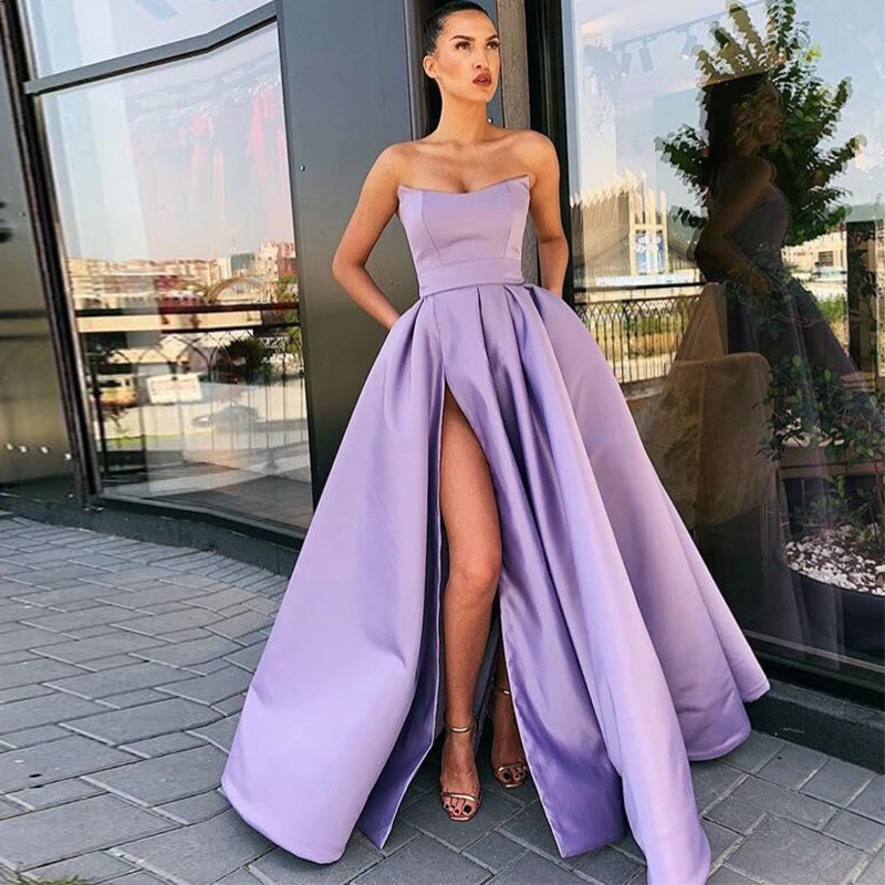 

Strapless A-line Long Prom Dress Strapless Purple Satin Party Gowns Sexy High Slit Prom Gowns Robe De Soiree Occasion Dresses