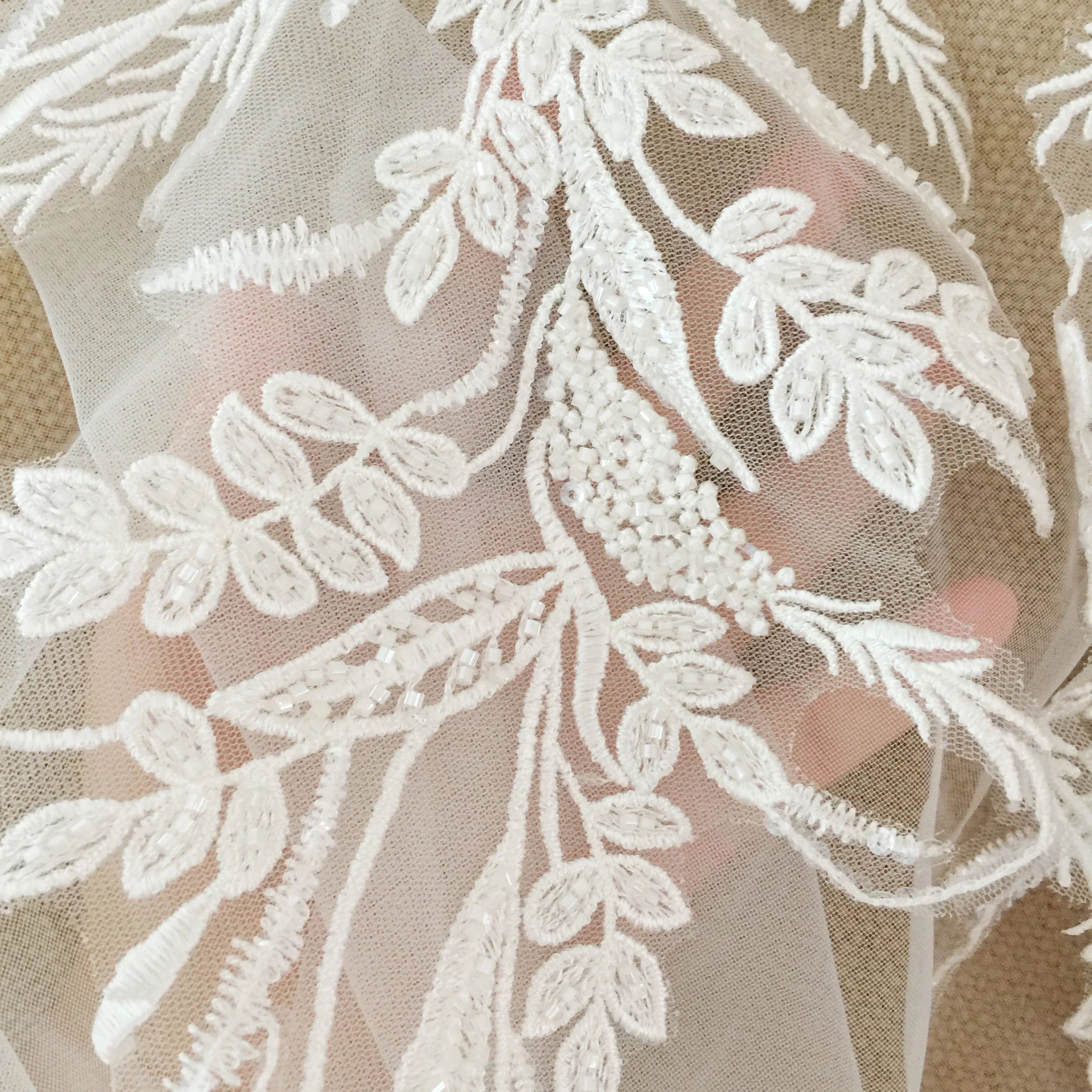 

2 Pair Hand Bead 3D Lace Applique for Wedding Dress Flower and Leaf Lace Applique Bridal Gown Lace Applique Veil Lace, Ligh