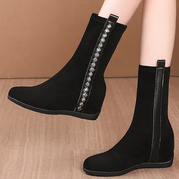 

Women's genuine leather flock patchwork slip-on wedge high heel autumn ankle boots round toe casual short booties shoes women