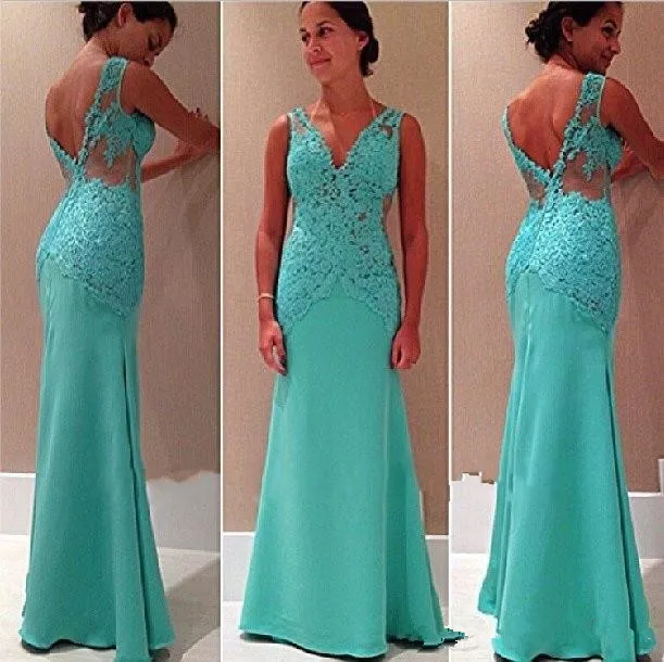 

Sexy V Neck Mermaid Prom Dresses 2020 Lace Appliques Mint Green Backless Sweep Train Evening Dress Formal prom Gowns