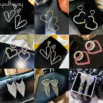 

Shiny crystal heart earrings Bling Rhinestone Stud Earrings Rhinestone Big Hanging Dangle Earrings Bride Wedding valentine gifts